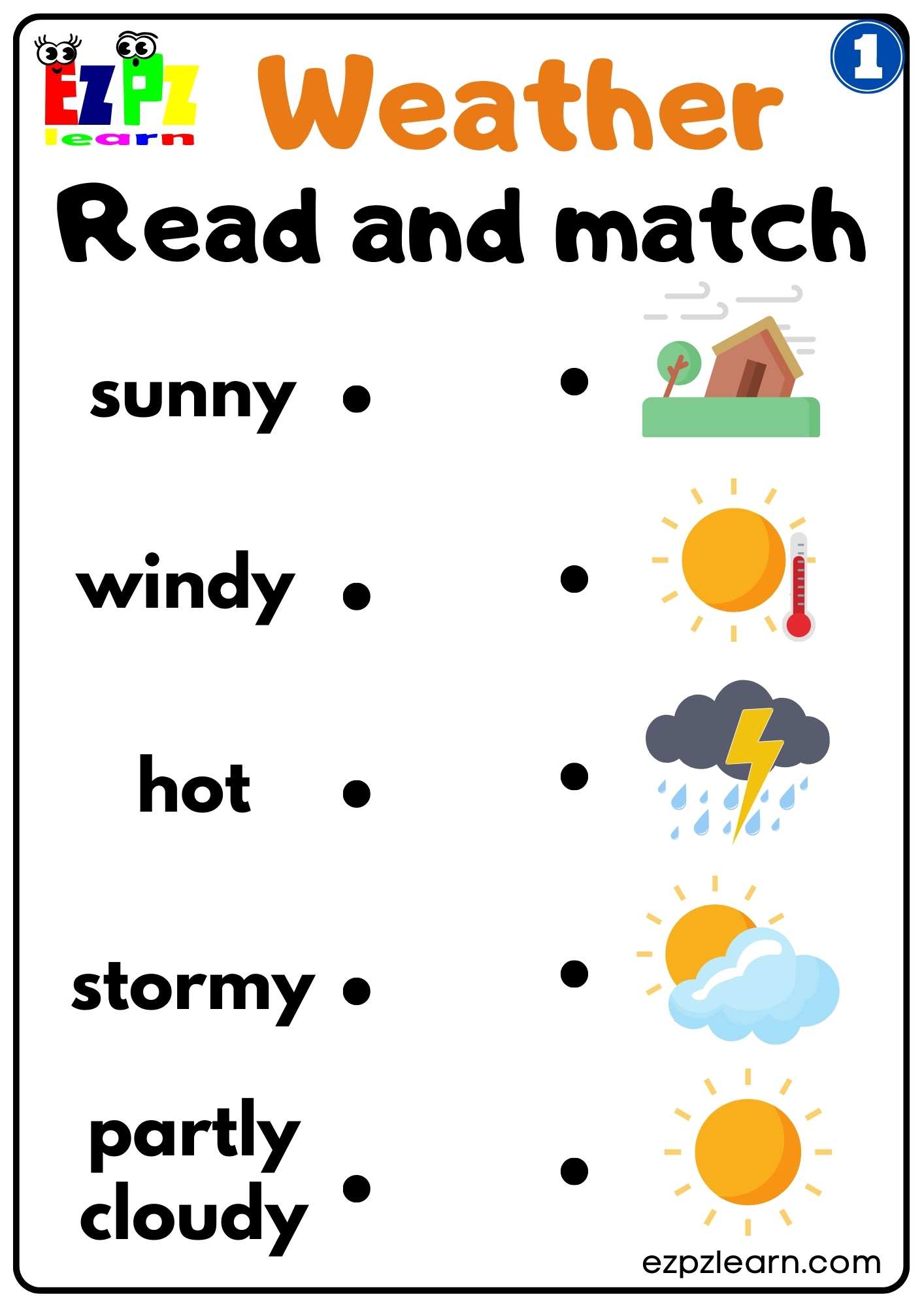 Group 1 Weather Vocabulary Read and Match Easy Worksheet for Kids Free PDF Download